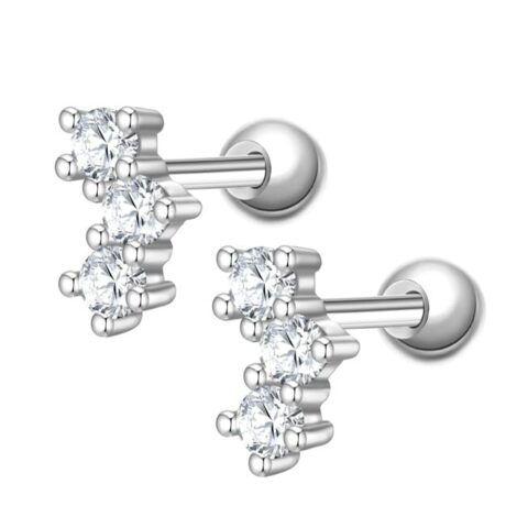 Prong Set Triple Round CZ Row Cartilage Tragus Barbell Pair - Image 1