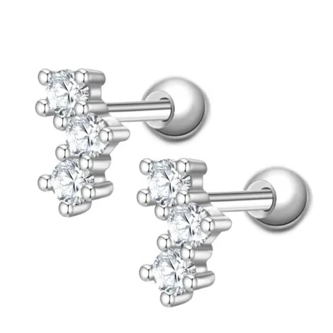 Prong Set Triple Round CZ Row Cartilage Tragus Barbell Pair - Image 1
