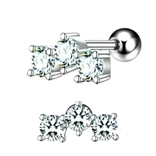 Prong Set Triple Round CZ Row Cartilage Tragus Barbell Pair - Image 3