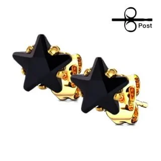 Gold Stainless Steel Stud Earrings Pairs w/ Black Star