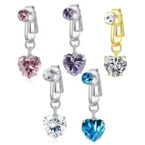 Fake Clip On Belly Rings with Gem Top and Heart Dangle