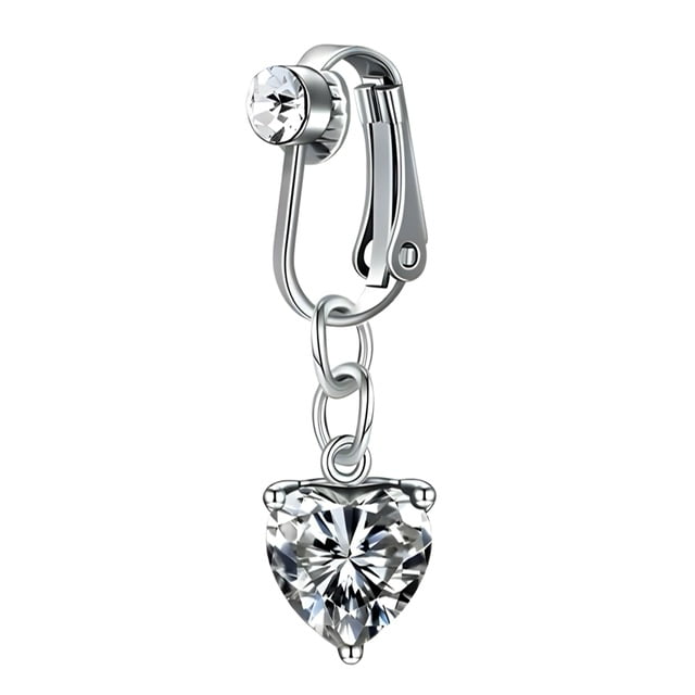 Fake Clip On Belly Rings with Gem Top and Heart Dangle