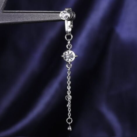 Fake Clip On Belly Ring with Gem Top, CZ and Chain Dangles - Image 3