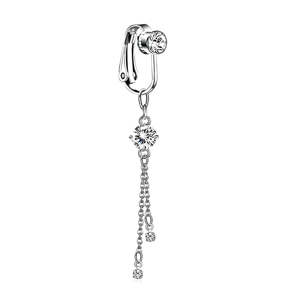 Fake Clip On Belly Ring with Gem Top, CZ and Chain Dangles