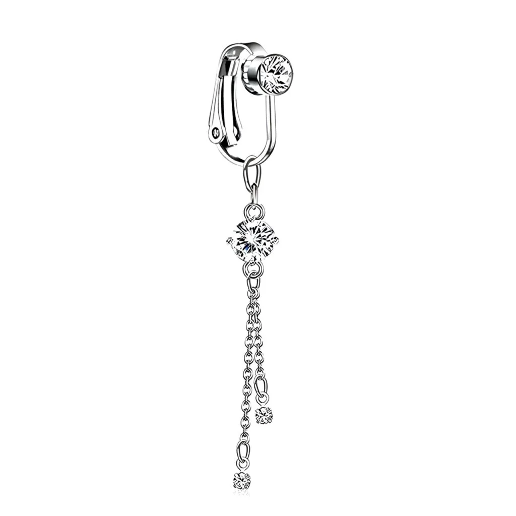 Fake Clip On Belly Ring with Gem Top, CZ and Chain Dangles