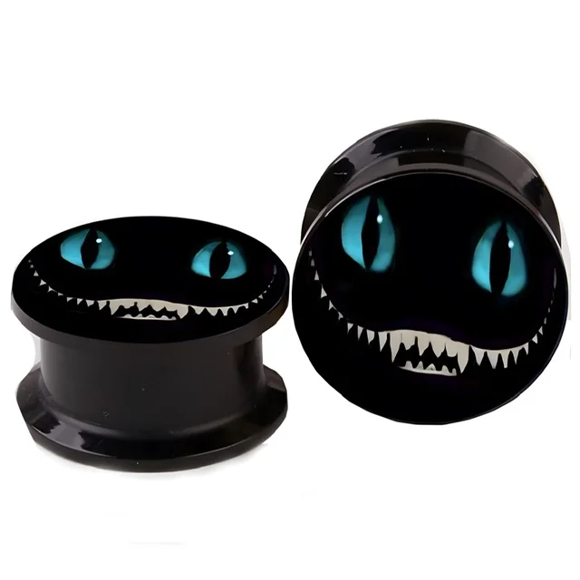 Black Acrylic Threaded Tunnel Pairs with Grinning Cheshire Cat