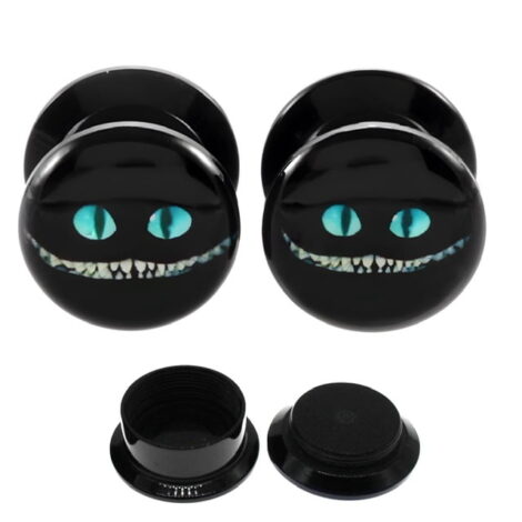 Black Acrylic Threaded Tunnel Pairs with Grinning Cheshire Cat - Image 3
