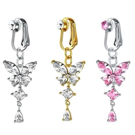 Fake Clip On Belly Ring with Gem Top and Butterfly Dangle