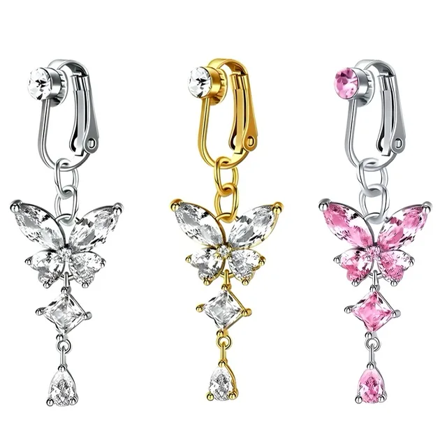 Fake Clip On Belly Ring with Gem Top and Butterfly Dangle