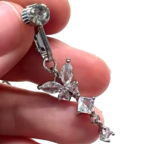 Fake Clip On Belly Ring with Gem Top and Butterfly Dangle - Image 3