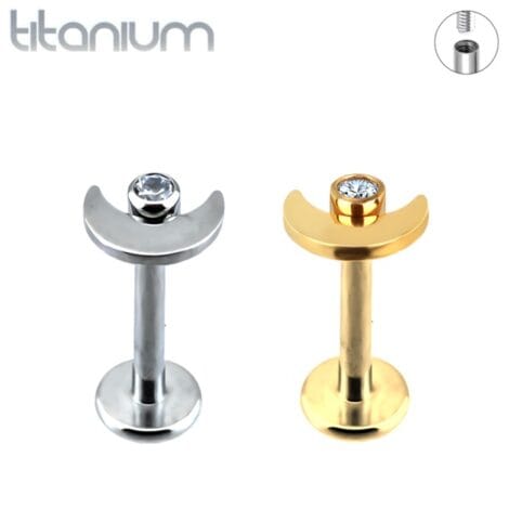 Implant Grade Titanium Labret with Crystal Set Crescent Moon