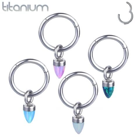 ASTM F136 Titanium Hinged Segment Ring with Opal Cone Dangle