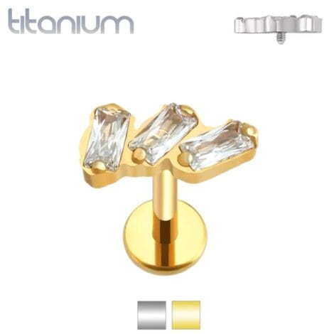 ASTM F-136 Titanium Triple Baguette CZ Top Labret Cartilage Stud
