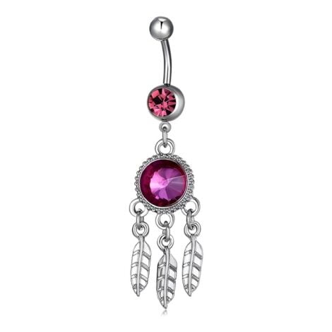 Pink CZ Belly Ring with Dangling Feather Tassels