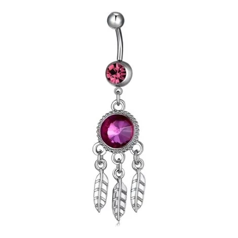 Pink CZ Belly Ring with Dangling Feather Tassels - Image 1
