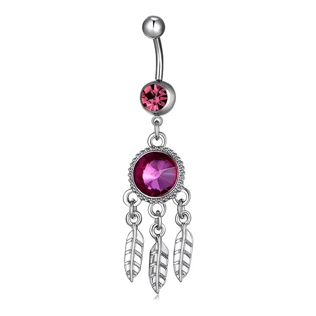 Pink CZ Belly Ring with Dangling Feather Tassels