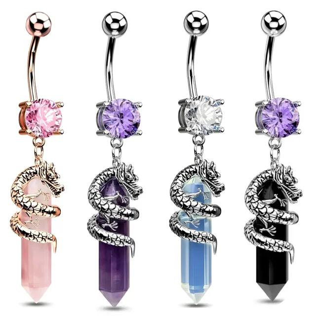 Prong CZ Belly Ring with Dangle Dragon and Crystal