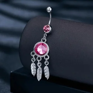 Pink CZ Belly Ring with Dangling Feather Tassels - Image 2