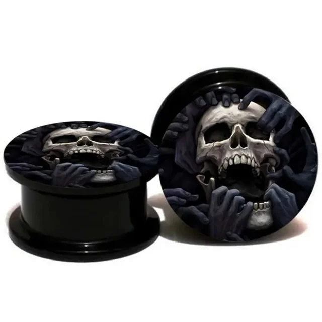 Black Acrylic Threaded Tunnel Pairs with Grey Skull
