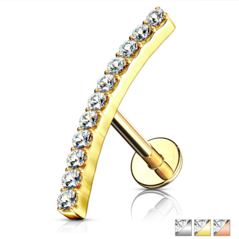 CZ Lined Curved Bar Top Labret Internally Threaded Cartilage Stud