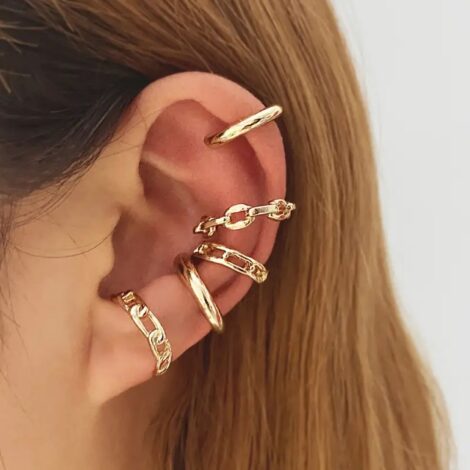 Ear Cartilage, Helix Faux Golden 5PC Chain Ring Cuff Set