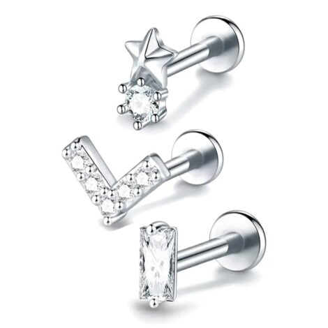 Labret Ear Cartilage Studs with Round and Baguette Prong Gems