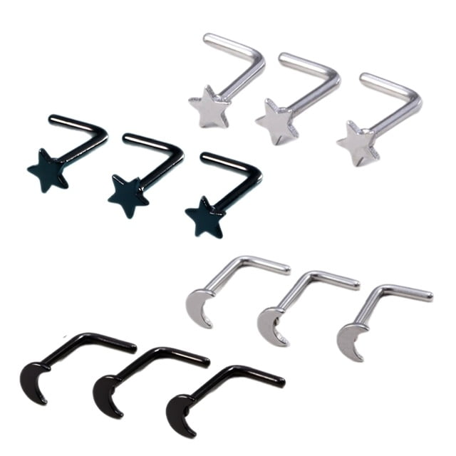 thumbnail interactive-video image 1 of 10-Pack 316L Surgical Steel Press-Fit Nose Ring Studs – L-Bend – Same Color Gems 1 of 2