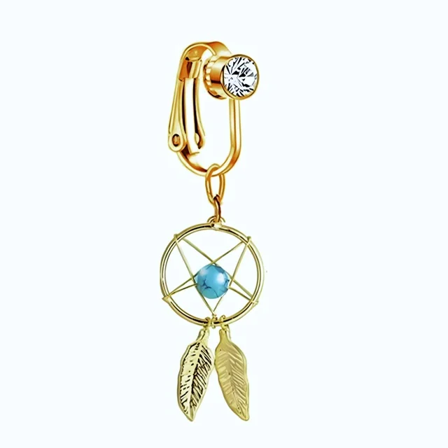 Fake Clip on Golden Belly Ring with Feather Dreamcatcher