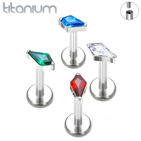 Titanium ASTM F-136 Labret Internally Threaded with Kite Shaped Zircon