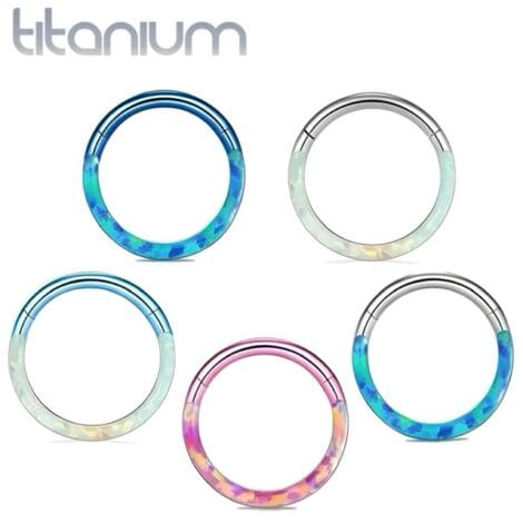 ASTM Titanium Hinged Ring with Front-Set Synthetic Opal Inlay