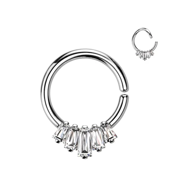 Baguette CZ Regal Fan Bendable Hoop Ring for Daith, Septum