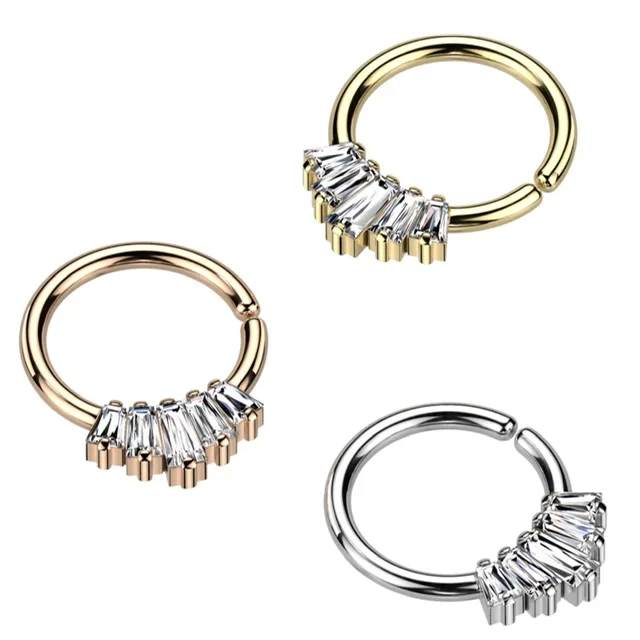 Baguette CZ Regal Fan Bendable Hoop Ring for Daith, Septum