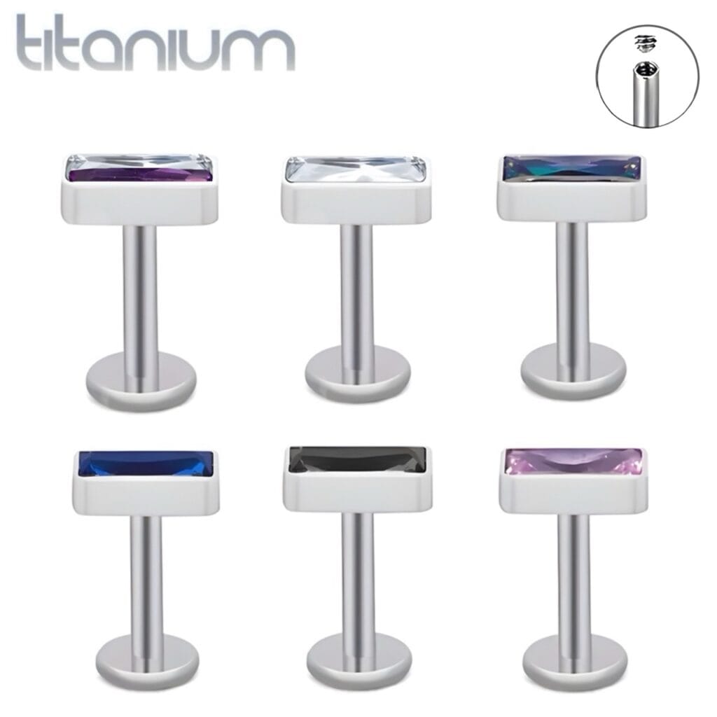 Titanium ASTM F-136 Labret with Baguette Zircon Top Internally Threaded