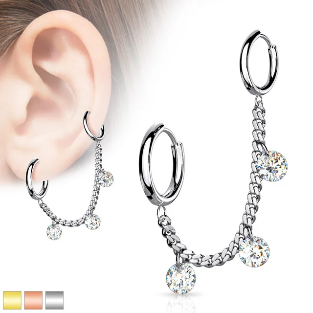 3 CZ Dangles Chain Linked Round Clicker Ear Hoops All 316L Surgical Steel