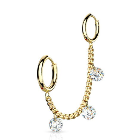 3 CZ Dangles Chain Linked Round Clicker Ear Hoops All 316L Surgical Steel - Image 3