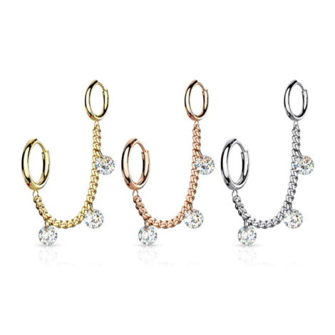 3 CZ Dangles Chain Linked Round Clicker Ear Hoops All 316L Surgical Steel - Image 4