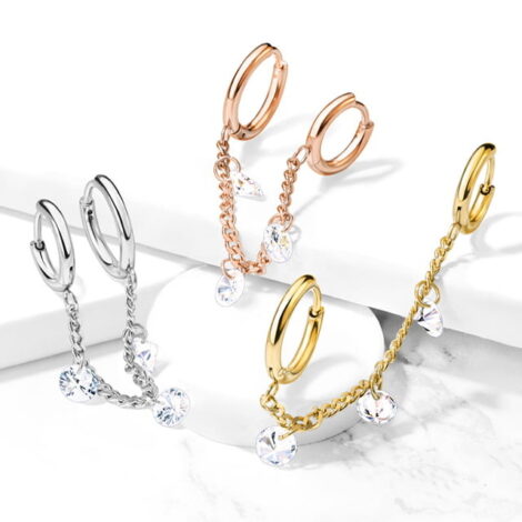 3 CZ Dangles Chain Linked Round Clicker Ear Hoops All 316L Surgical Steel - Image 2