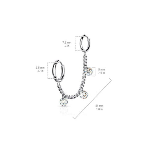 3 CZ Dangles Chain Linked Round Clicker Ear Hoops All 316L Surgical Steel - Image 6