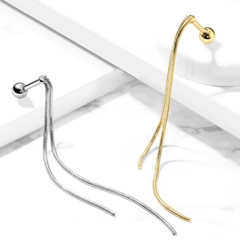 Barbell with Ball and Double Chain Dangles, Cartilage Tragus Earring - Image 2