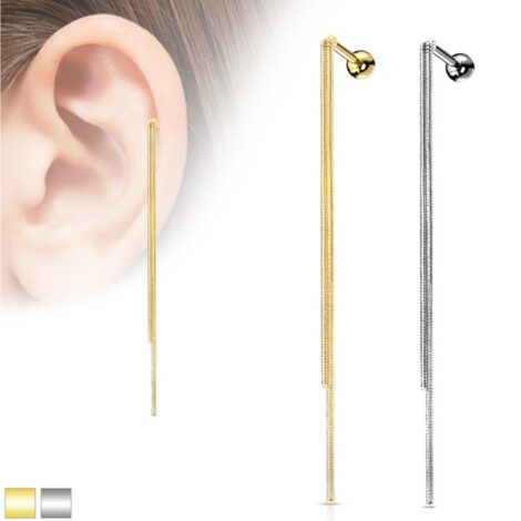Barbell with Ball and Double Chain Dangles, Cartilage Tragus Earring