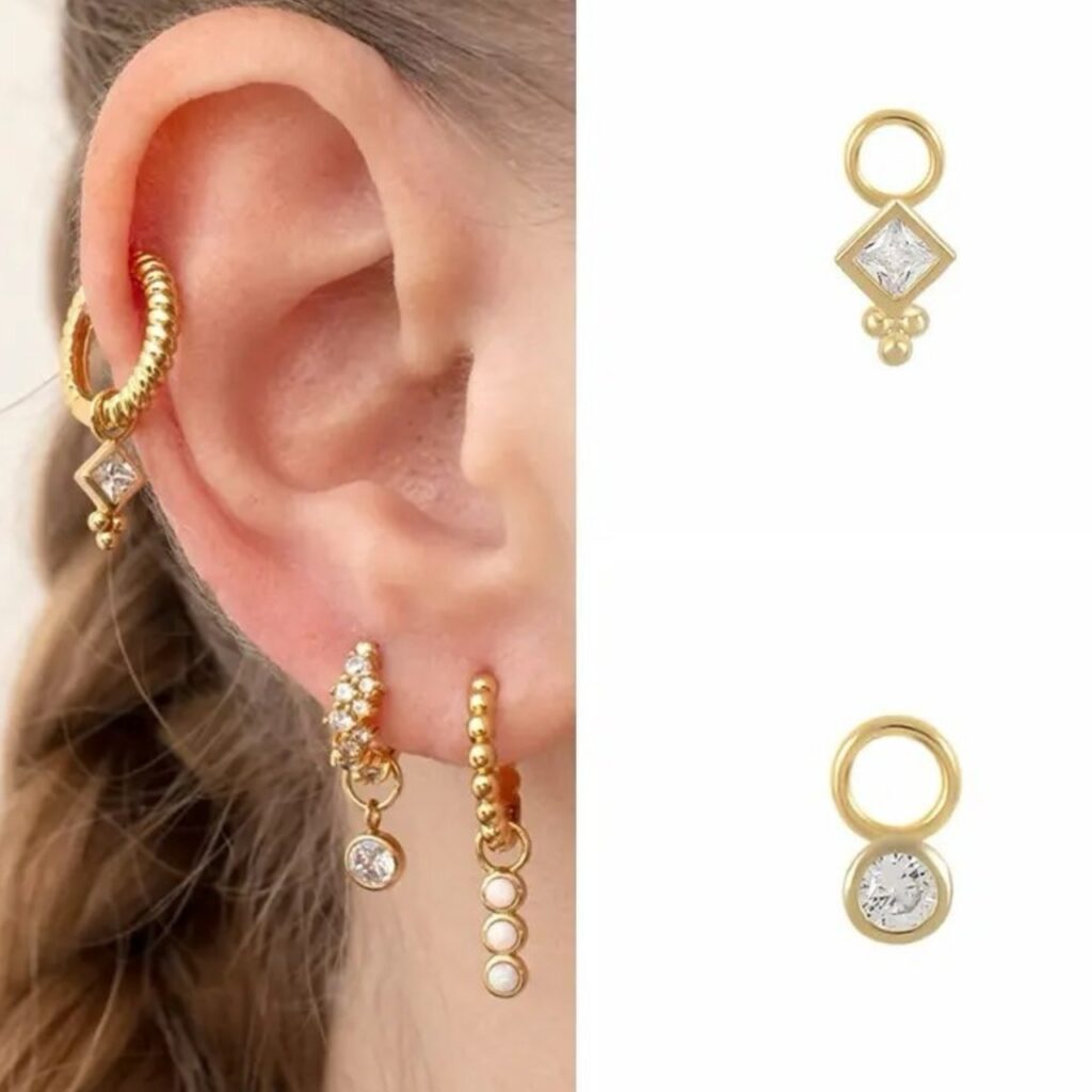 925 Sterling Silver, Gold CZ Mini-Charms for Cartilage Rings or Earrings Pair