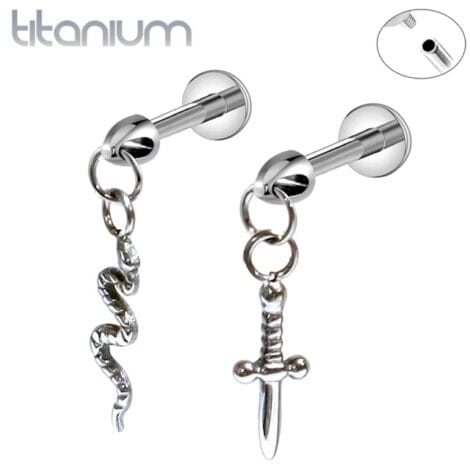 ASTM Titanium Bullet Labret w/ Snake or Sword, Vertical Helix