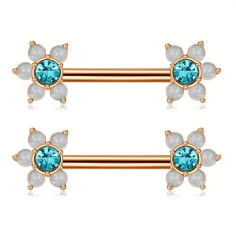 Nipple Barbell Pairs with CZ and Opal Flower Ends - Image 4