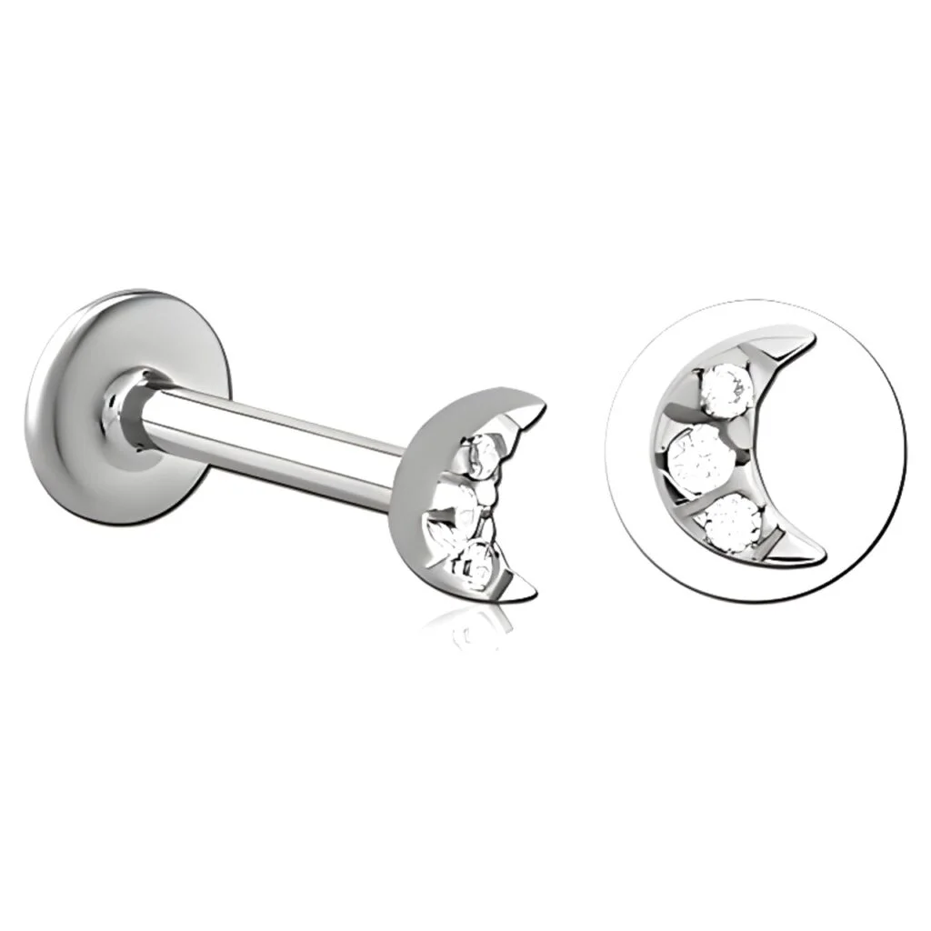 100% 316L Surgical Steel Threaded Labret with Crystal Moon Top