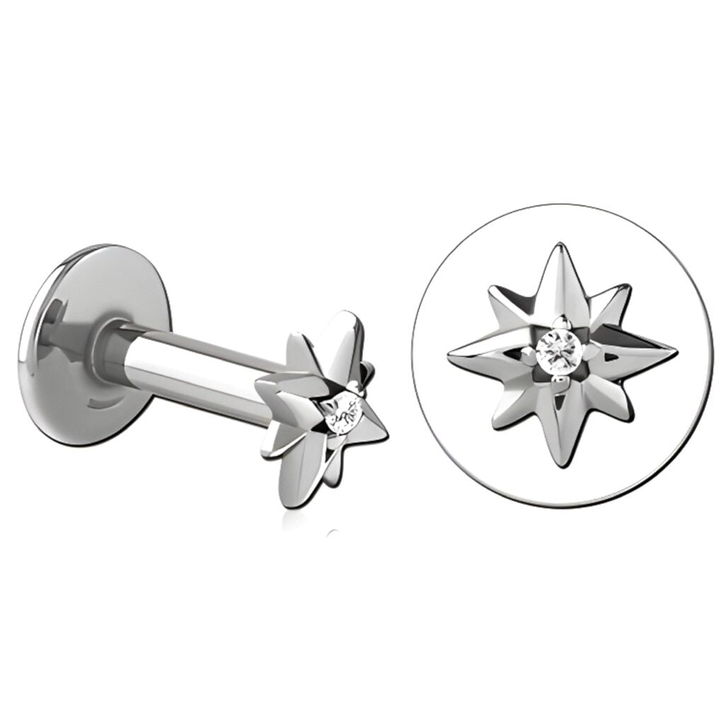 100% 316L Surgical Steel Threaded Labret with 8 Pointed Star