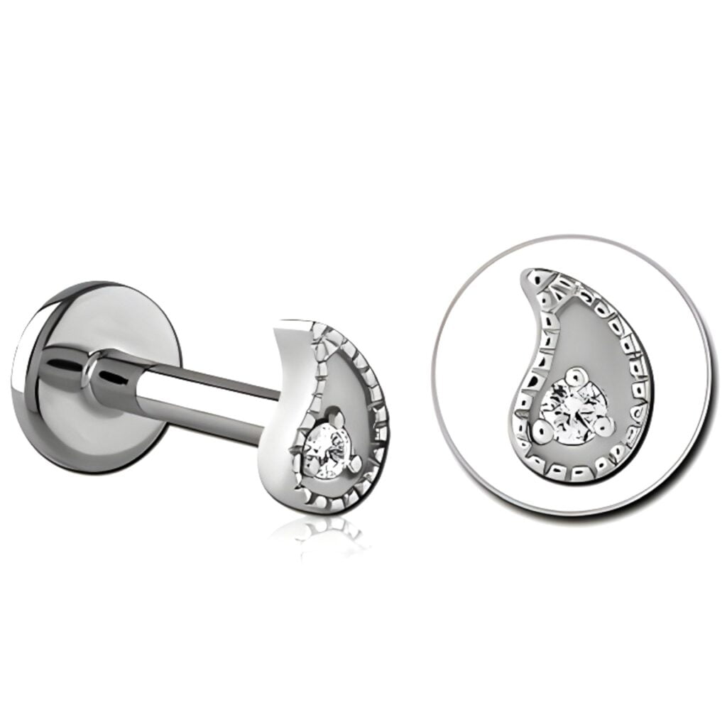 100% 316L Surgical Steel Threaded Labret with Crystal Comma Top