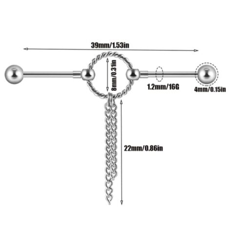 16G Twisted Ring Cartilage, Industrial Barbell with Dangle Chains - Image 2