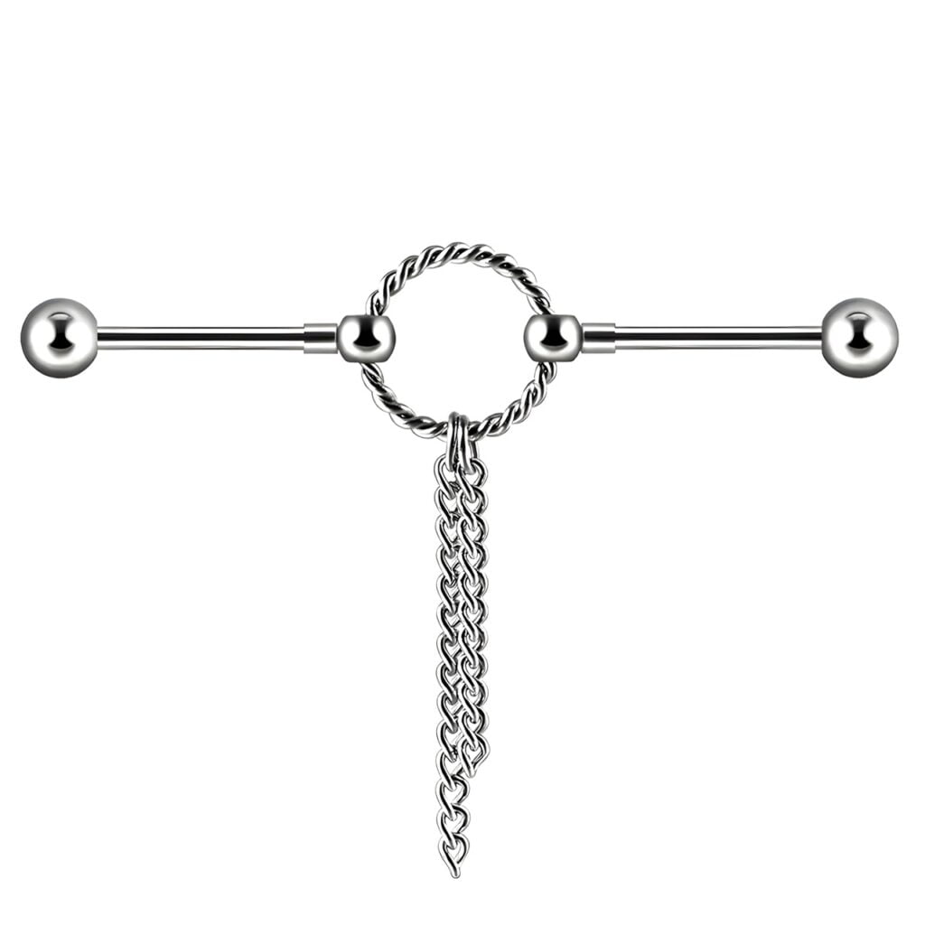 16G Twisted Ring Cartilage, Industrial Barbell with Dangle Chains