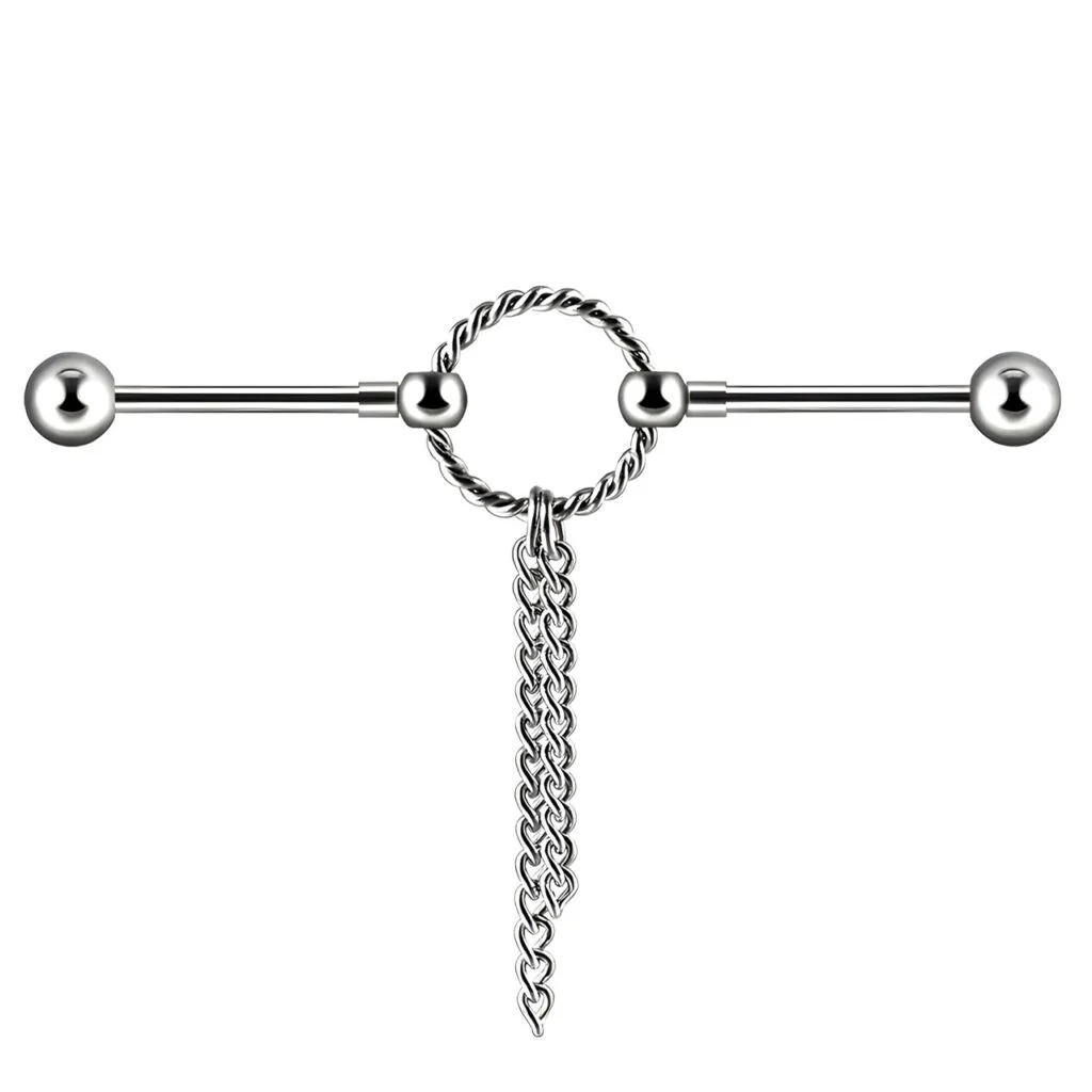 16G Twisted Ring Cartilage, Industrial Barbell with Dangle Chains