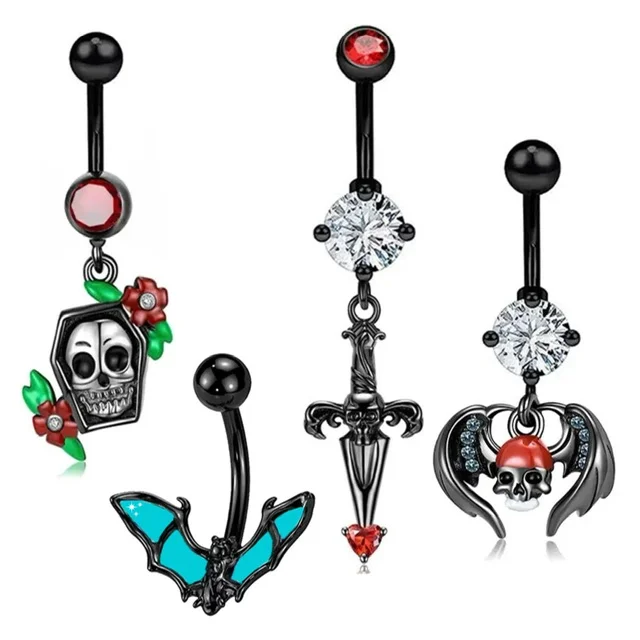 Black Belly Rings with Bat and Skull Halloween Dangles